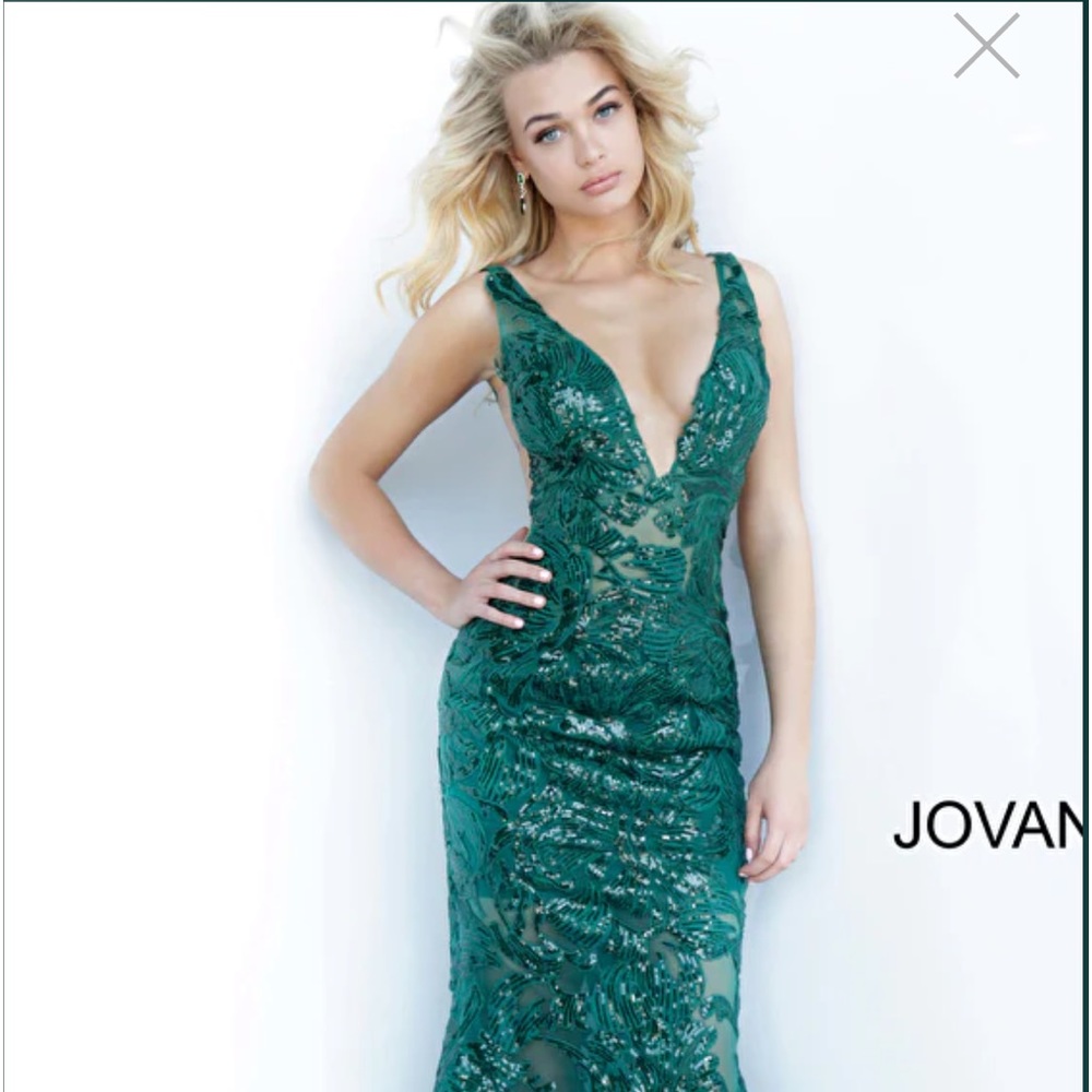 Emerald Green Lace Appliqué Evening Gown - Picture 2 of 6